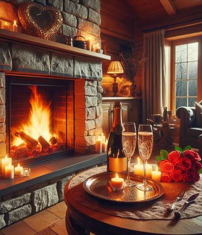 romantic fireplace and candles with glasses of champagne set for Valentine's Day