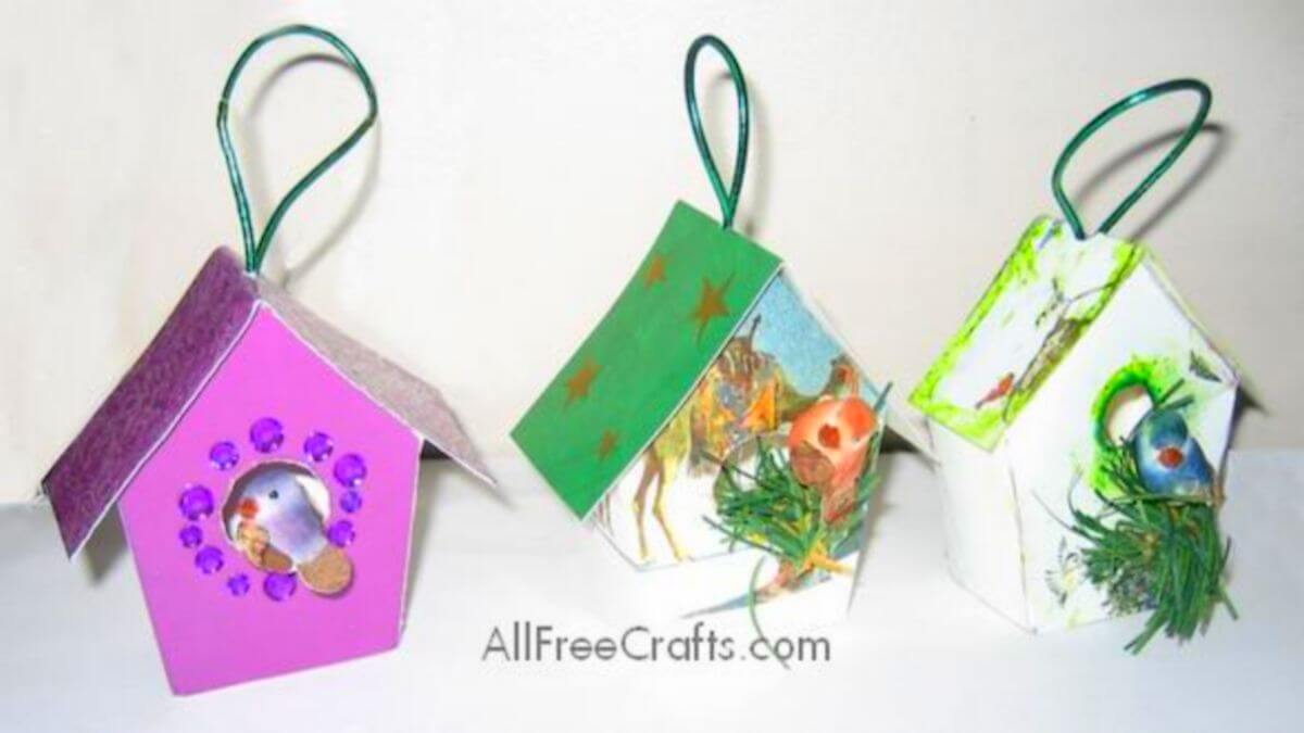 recycled Christmas card bird house ornaments