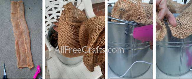 adding burlap to galvanized bucket